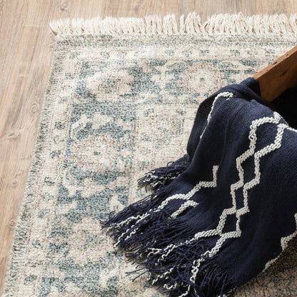 8' Beige And Gray Oriental Hand Loomed Distressed Runner Rug With Fringe