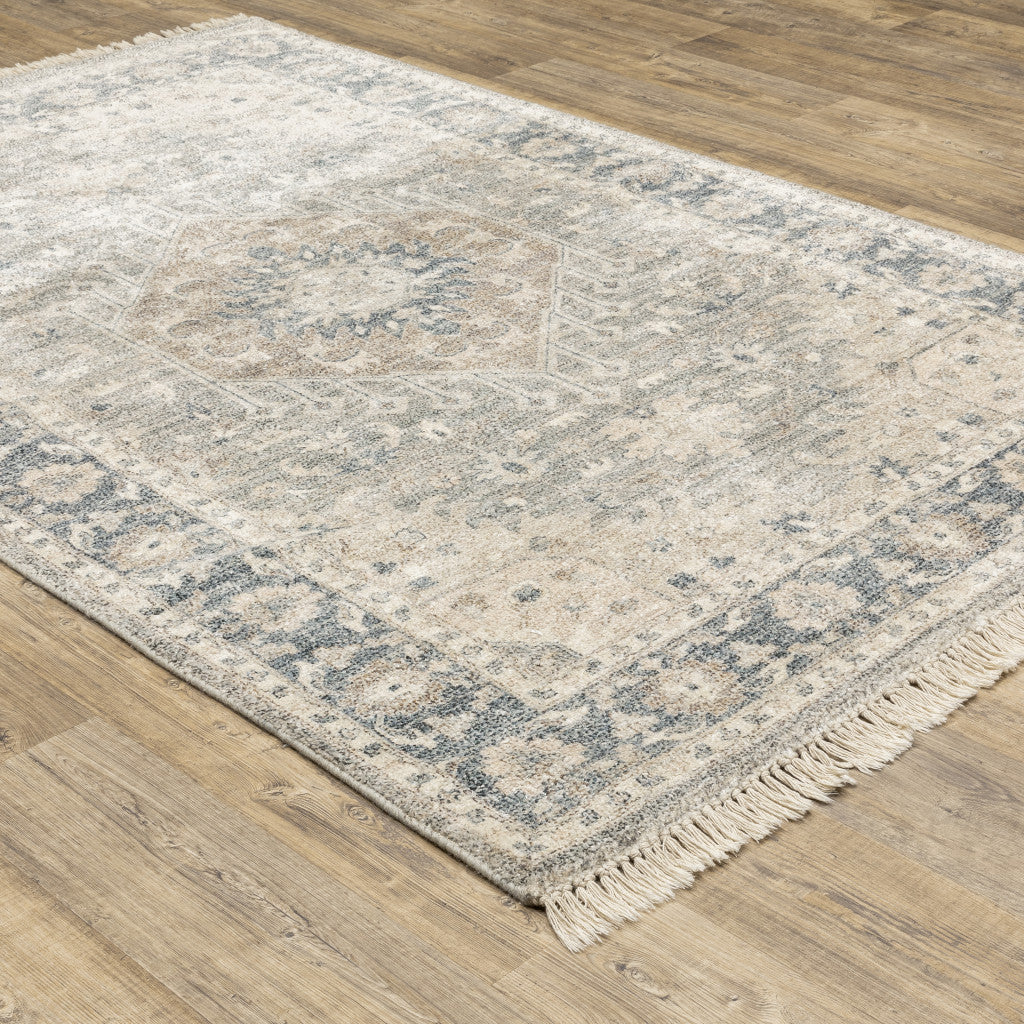 8' X 10' Beige And Grey Oriental Hand Loomed Stain Resistant Area Rug With Fringe