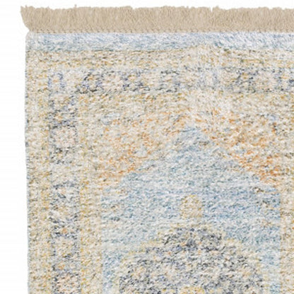 8' Blue And Beige Oriental Hand Loomed Distressed Runner Rug With Fringe