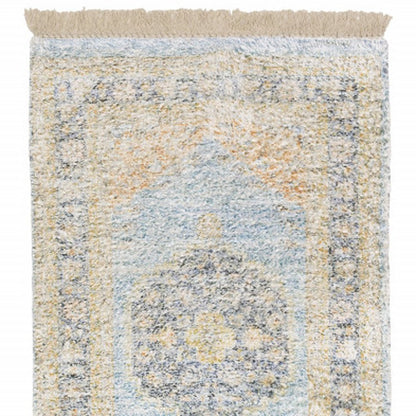 8' Blue And Beige Oriental Hand Loomed Distressed Runner Rug With Fringe