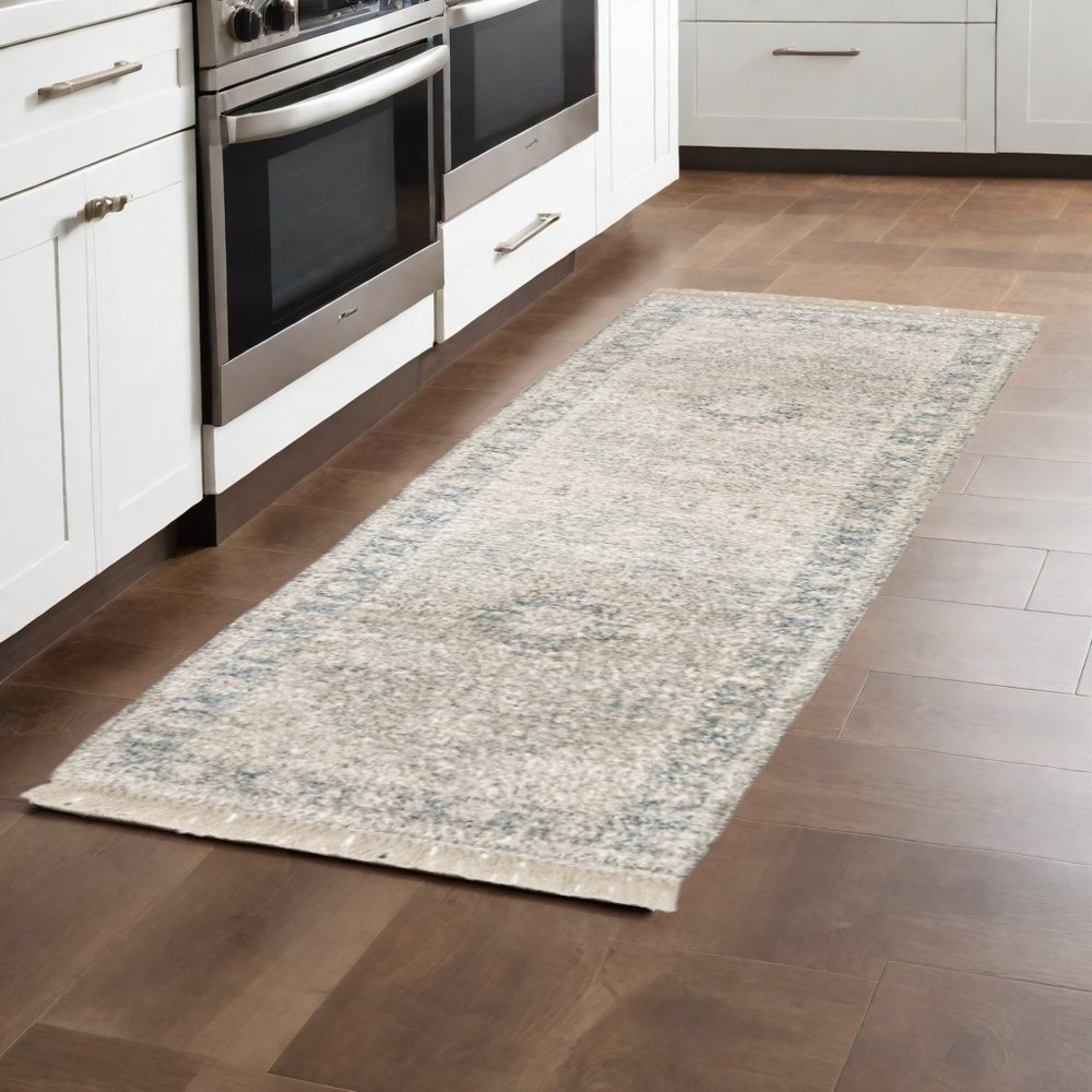 8' Blue And Beige Oriental Hand Loomed Distressed Runner Rug With Fringe