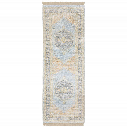 8' Blue And Beige Oriental Hand Loomed Distressed Runner Rug With Fringe