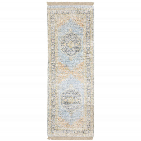 8' Blue And Beige Oriental Hand Loomed Distressed Runner Rug With Fringe