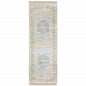 8' Blue And Beige Oriental Hand Loomed Distressed Runner Rug With Fringe
