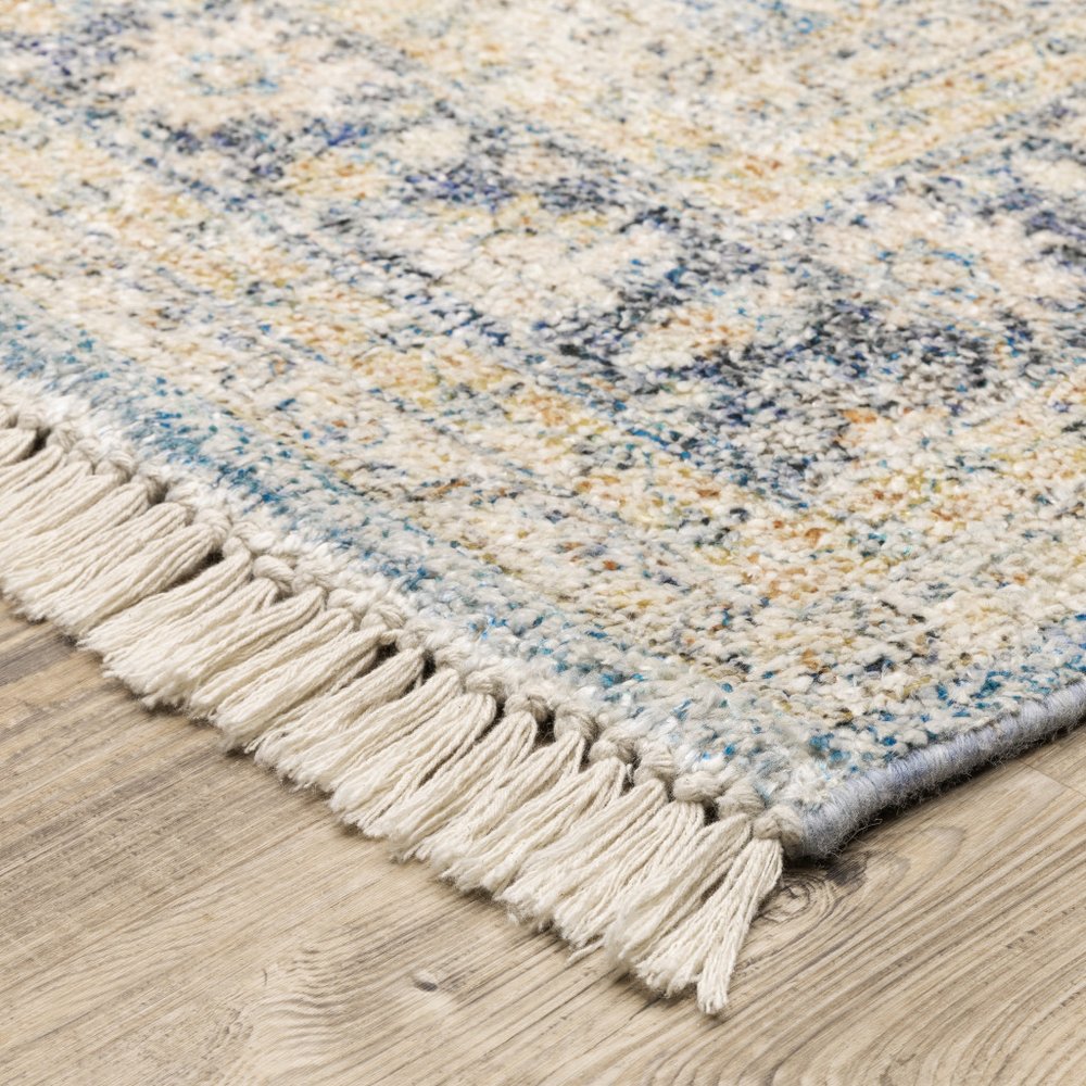 8' Blue And Beige Oriental Hand Loomed Distressed Runner Rug With Fringe