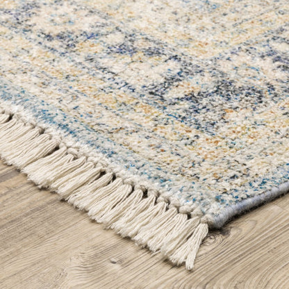 8' Blue And Beige Oriental Hand Loomed Distressed Runner Rug With Fringe
