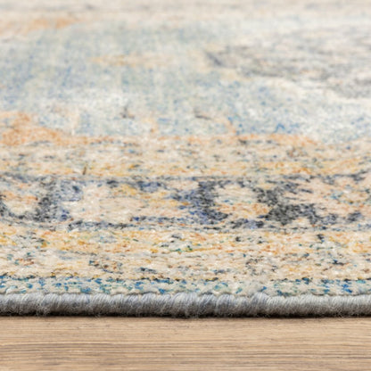 8' Blue And Beige Oriental Hand Loomed Distressed Runner Rug With Fringe