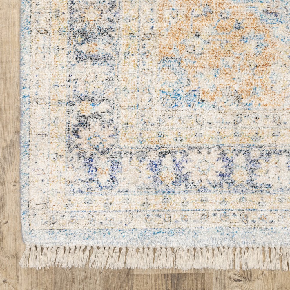 8' Blue And Beige Oriental Hand Loomed Distressed Runner Rug With Fringe