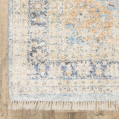 8' Blue And Beige Oriental Hand Loomed Distressed Runner Rug With Fringe