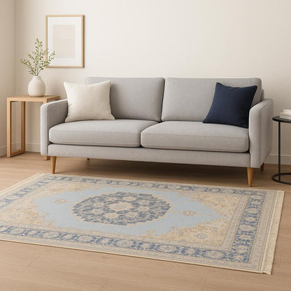5' X 8' Blue And Beige Oriental Hand Loomed Stain Resistant Area Rug With Fringe