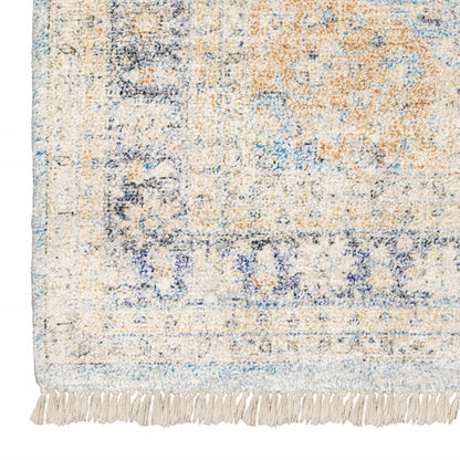 8' X 10' Blue And Beige Oriental Hand Loomed Stain Resistant Area Rug With Fringe