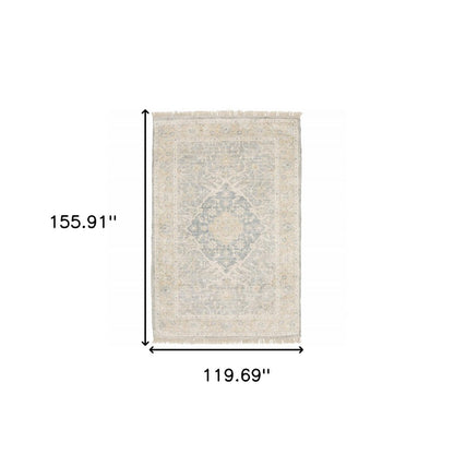 10' X 13' Grey And Beige Oriental Hand Loomed Stain Resistant Area Rug With Fringe