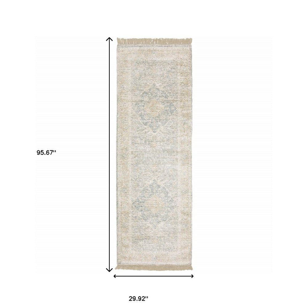 8' Gray And Beige Oriental Hand Loomed Distressed Runner Rug With Fringe