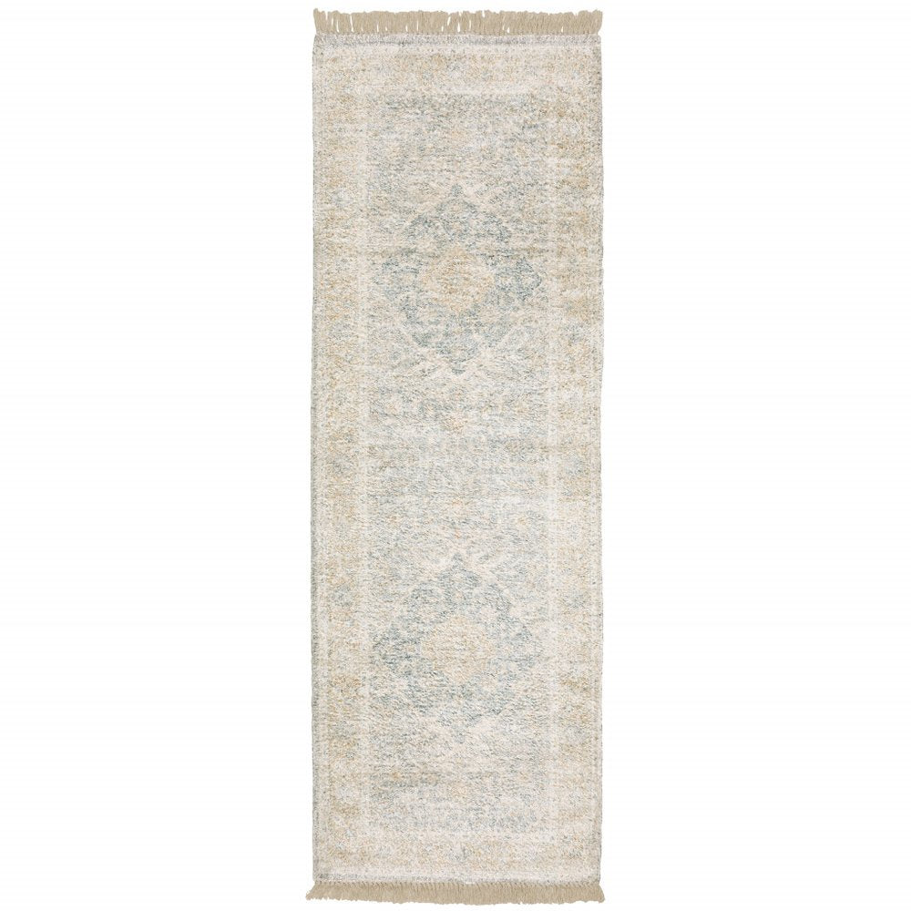 8' Gray And Beige Oriental Hand Loomed Distressed Runner Rug With Fringe