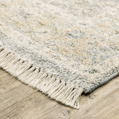 8' Gray And Beige Oriental Hand Loomed Distressed Runner Rug With Fringe