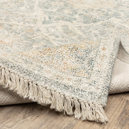 8' Gray And Beige Oriental Hand Loomed Distressed Runner Rug With Fringe