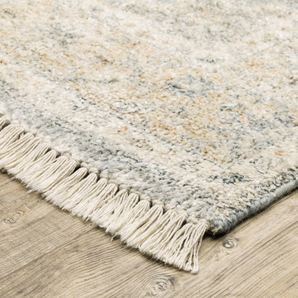 5' X 8' Grey And Beige Oriental Hand Loomed Stain Resistant Area Rug With Fringe