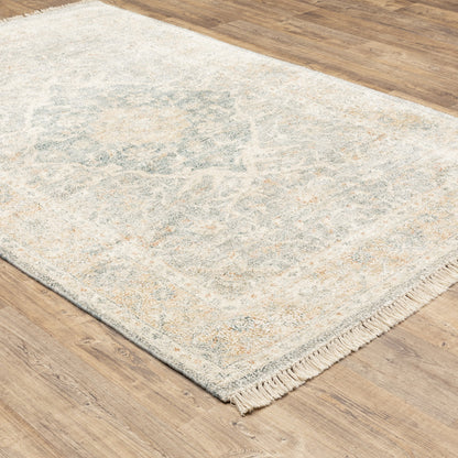 5' X 8' Grey And Beige Oriental Hand Loomed Stain Resistant Area Rug With Fringe