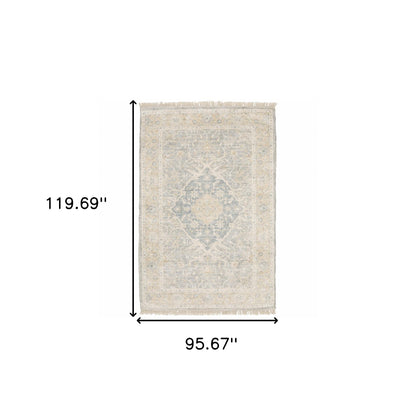 8' X 10' Grey And Beige Oriental Hand Loomed Stain Resistant Area Rug With Fringe