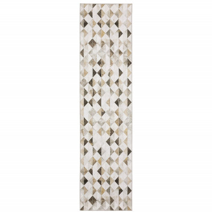 8' Beige And Gray Geometric Runner Rug