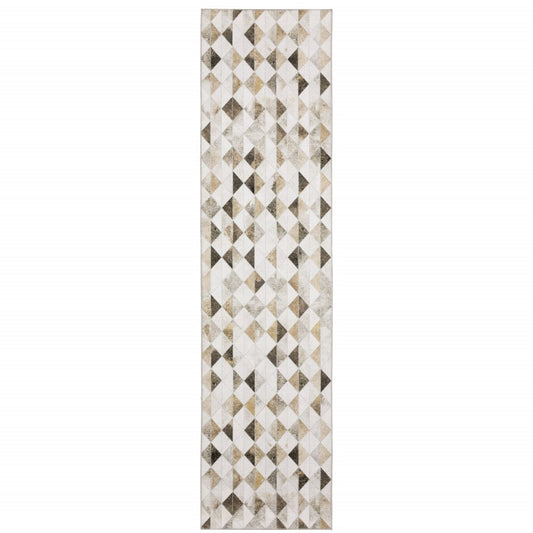 8' Beige And Gray Geometric Runner Rug