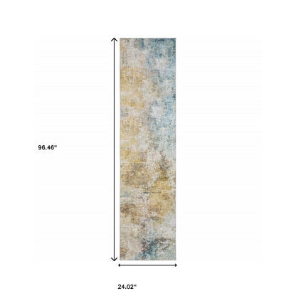 2' X 8' Blue And Yellow Abstract Power Loom Stain Resistant Runner Rug