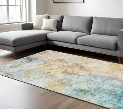 9' X 12' Yellow And Blue Abstract Area Rug
