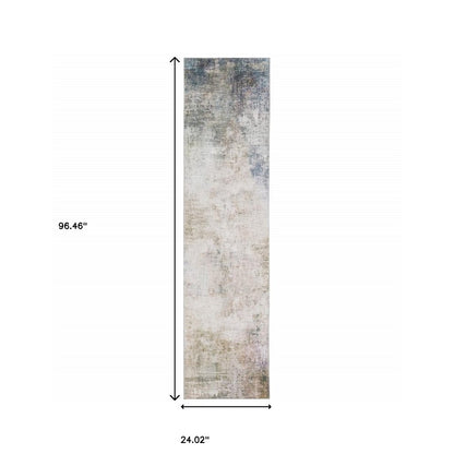 8' Blue And Beige Abstract Distressed Runner Rug