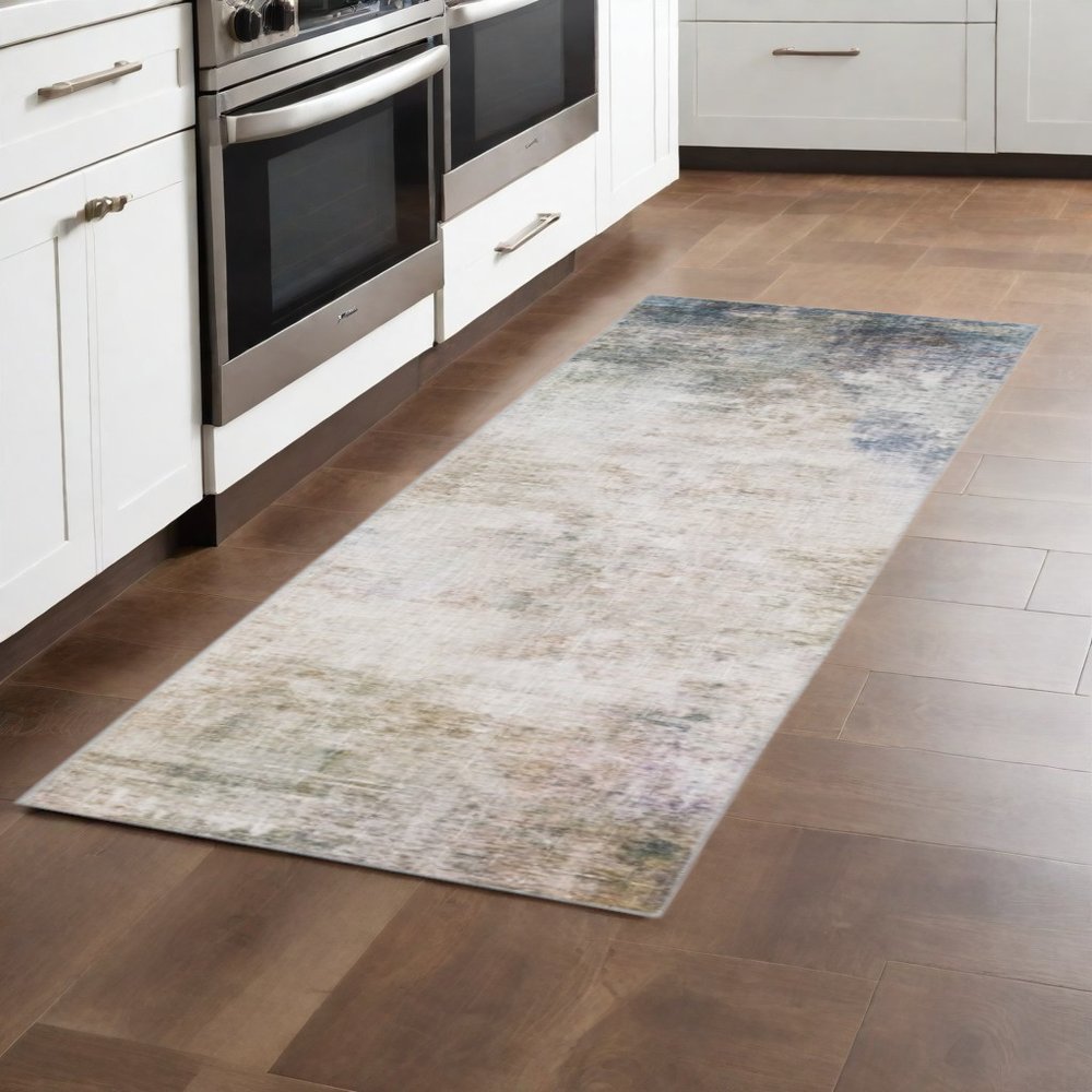 8' Blue And Beige Abstract Distressed Runner Rug