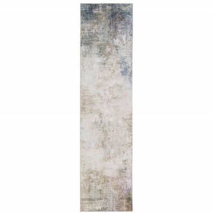 8' Blue And Beige Abstract Distressed Runner Rug