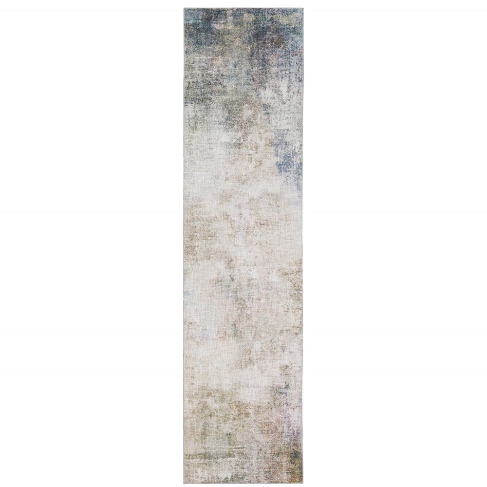 8' Blue And Beige Abstract Distressed Runner Rug