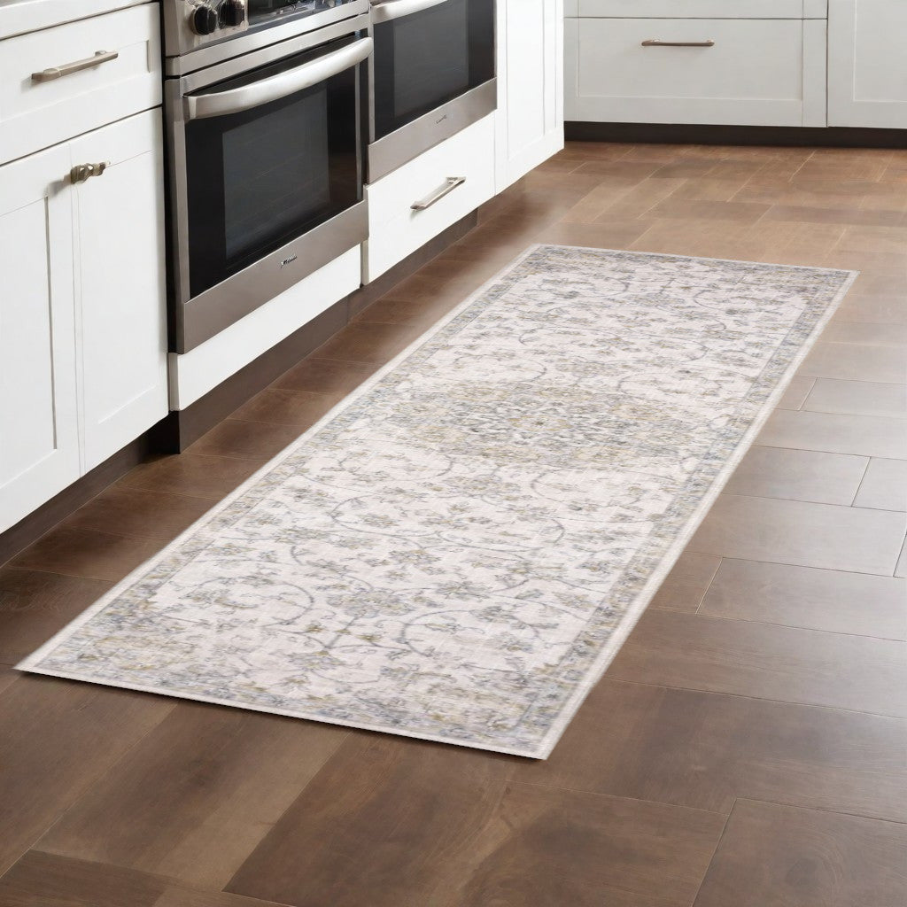 2' X 8' Beige Gold And Grey Oriental Power Loom Stain Resistant Runner Rug