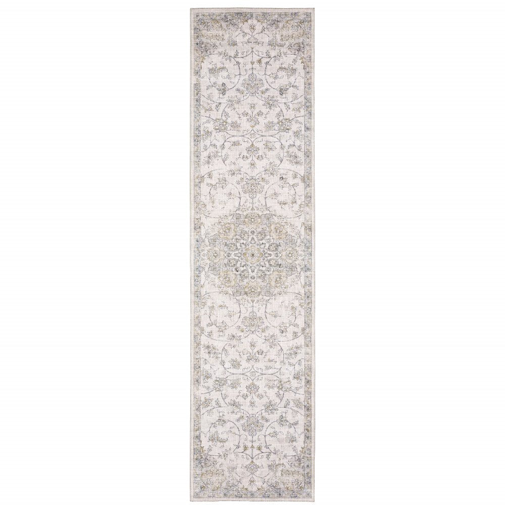 8' Beige And Gold Oriental Distressed Runner Rug
