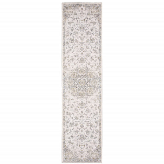 8' Beige And Gold Oriental Distressed Runner Rug