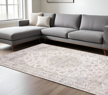 8' X 10' Beige Gold And Grey Oriental Power Loom Stain Resistant Area Rug