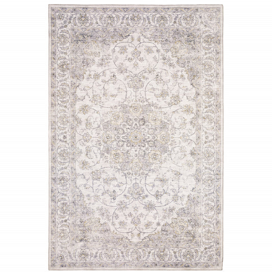 9' X 12' Beige Gold And Grey Oriental Power Loom Stain Resistant Area Rug