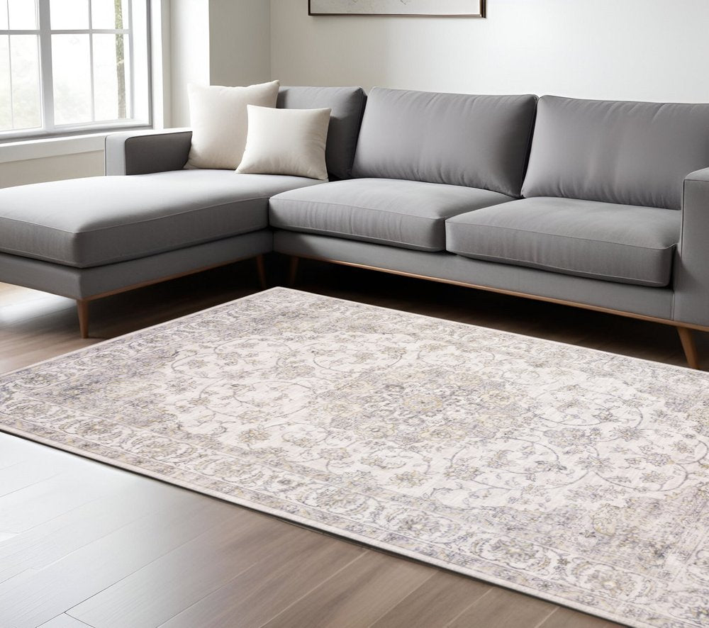 9' X 12' Beige Gold And Grey Oriental Power Loom Stain Resistant Area Rug