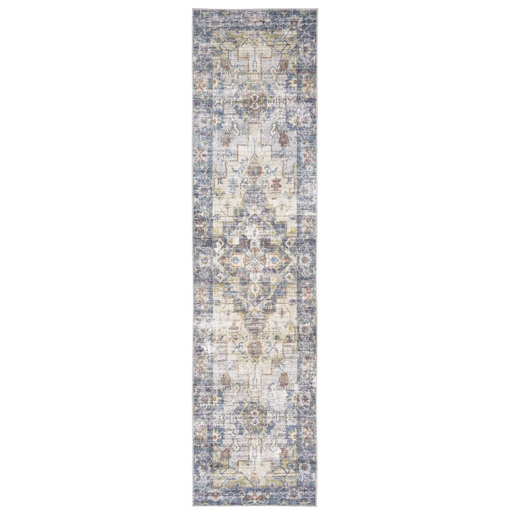 2' X 8' Blue Gold Grey Orange Yellow And Purple Oriental Power Loom Stain Resistant Runner Rug