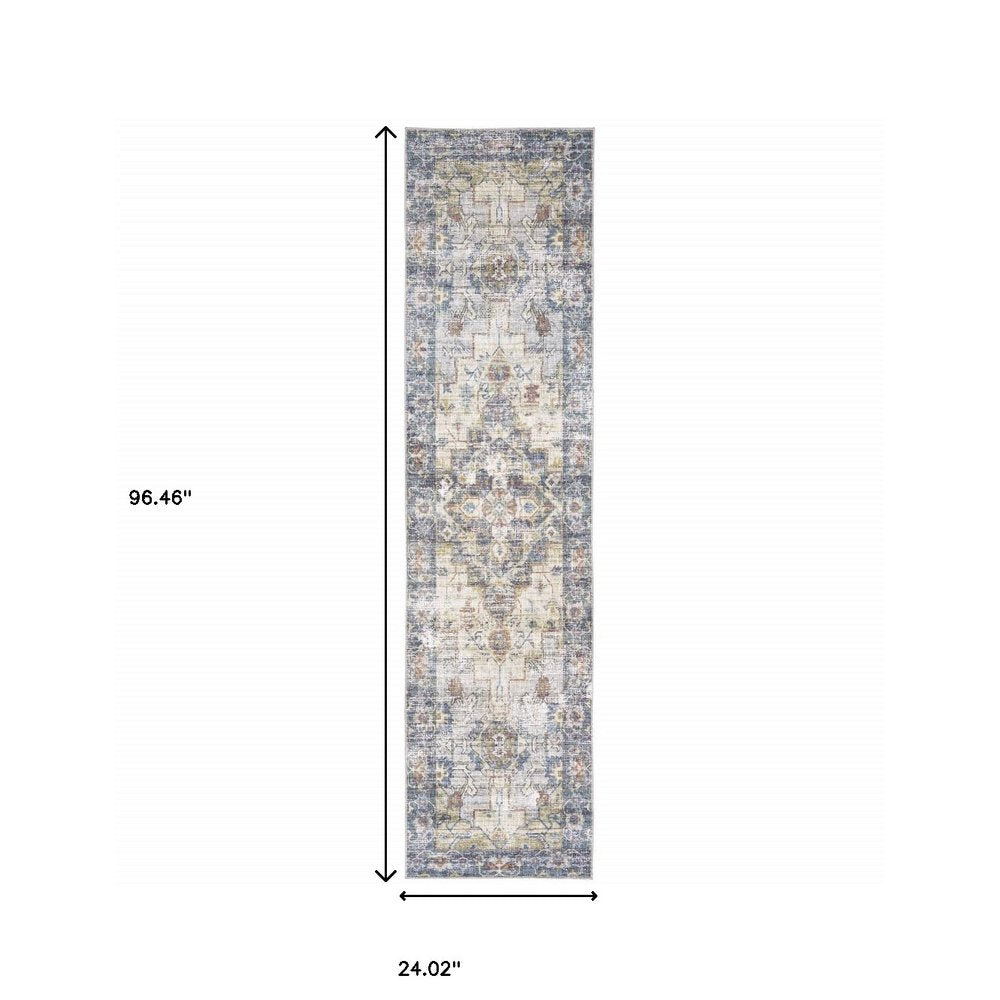 8' Blue And Gold Oriental Distressed Runner Rug