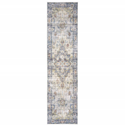 8' Blue And Gold Oriental Distressed Runner Rug