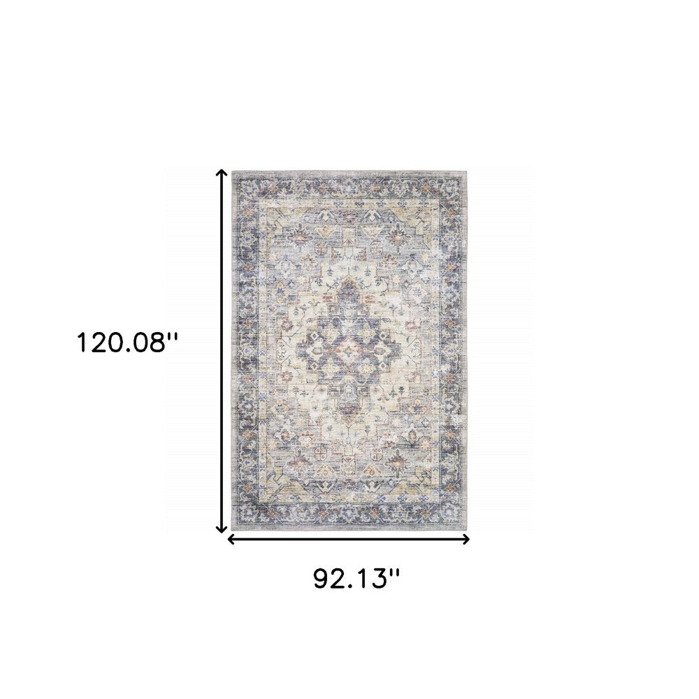 8' X 10' Blue And Gold Oriental Distressed Area Rug