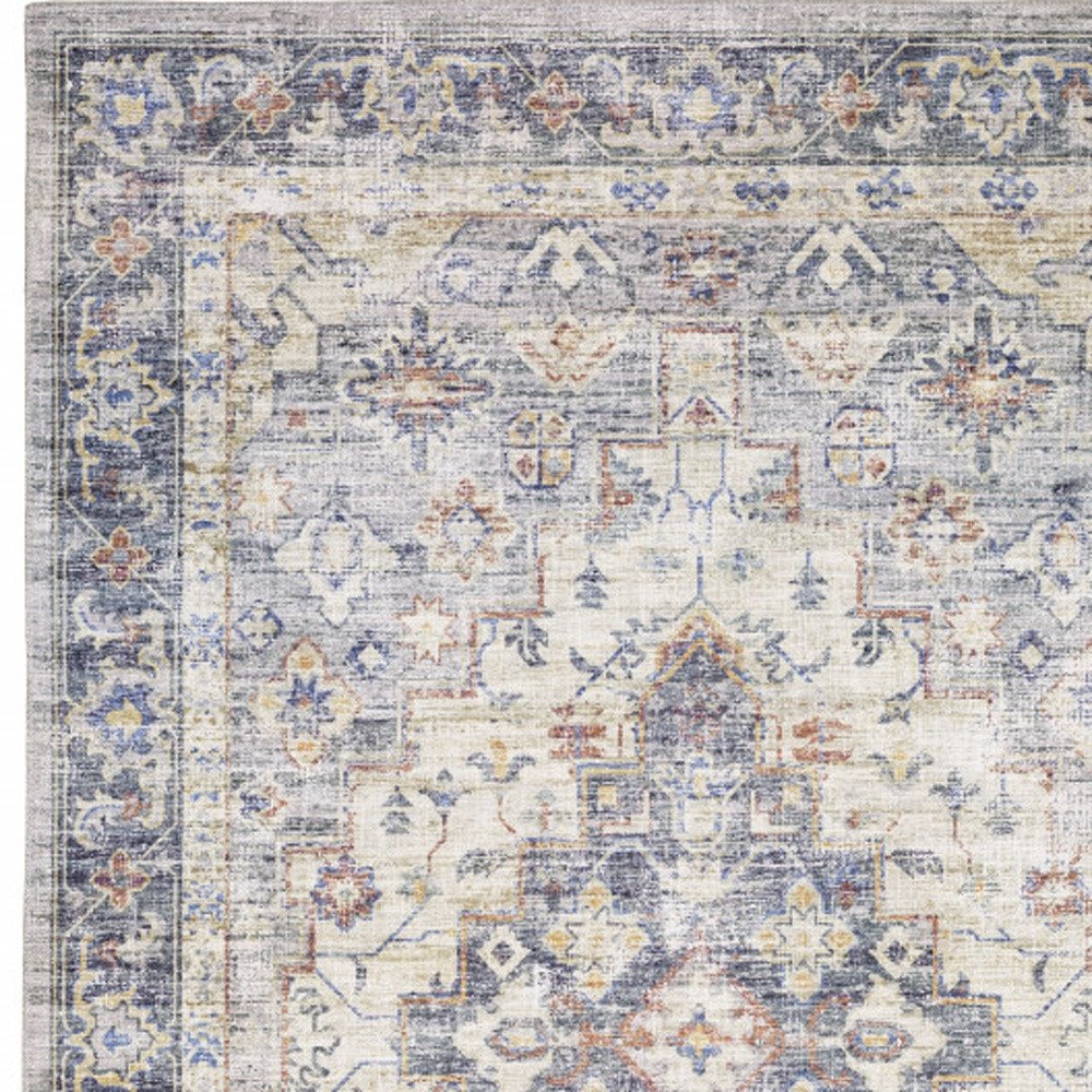 8' X 10' Blue And Gold Oriental Distressed Area Rug
