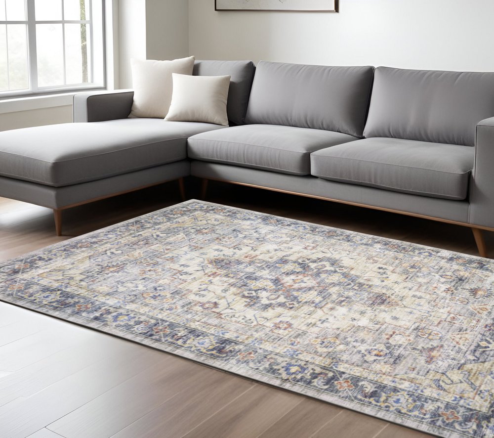 8' X 10' Blue And Gold Oriental Distressed Area Rug