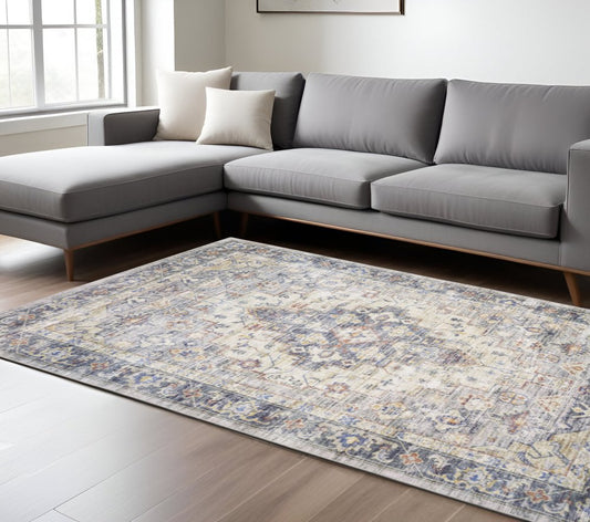 8' X 10' Blue And Gold Oriental Distressed Area Rug