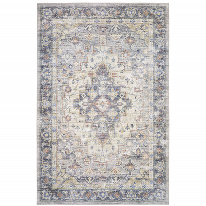 9' X 12' Blue Gold Grey Orange Yellow And Purple Oriental Power Loom Stain Resistant Area Rug