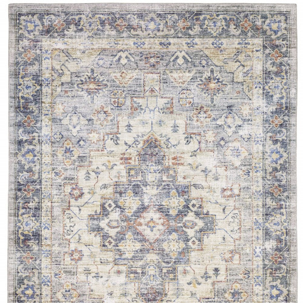 9' X 12' Blue And Gold Oriental Distressed Area Rug
