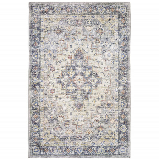 9' X 12' Blue And Gold Oriental Distressed Area Rug