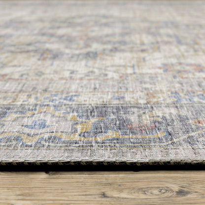 9' X 12' Blue Gold Grey Orange Yellow And Purple Oriental Power Loom Stain Resistant Area Rug