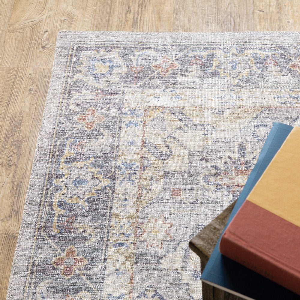 9' X 12' Blue And Gold Oriental Distressed Area Rug