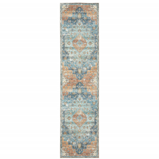 2' X 8' Orange Blue Teal Green And Beige Oriental Power Loom Stain Resistant Runner Rug